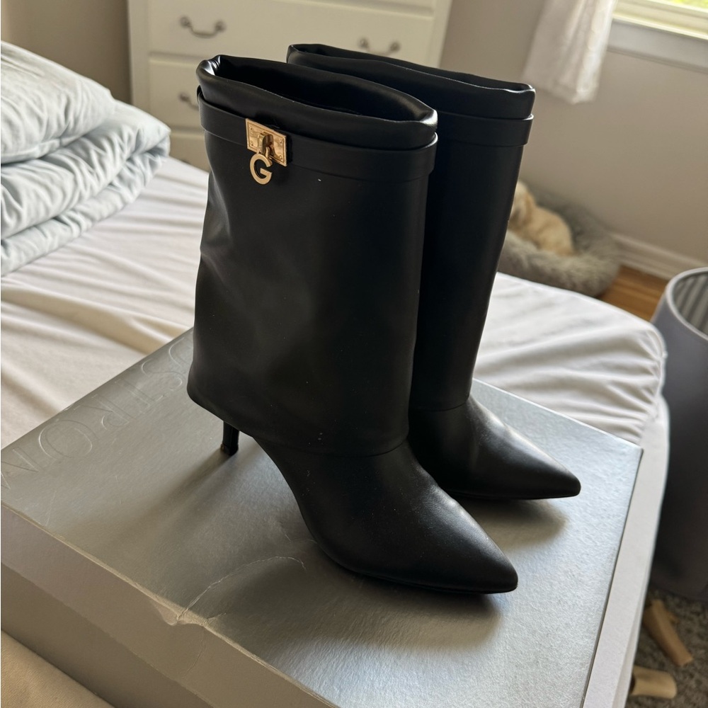 Guess by Marciano Black Heeled Boots with Gold Accent
